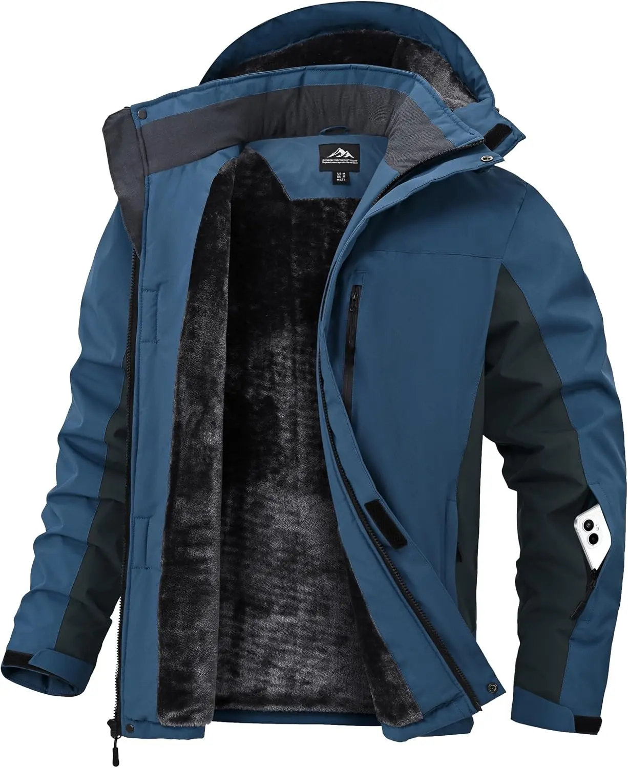 Zoofly Men's Adjustable Water-Resistant Hooded Fleece Ski Jacket - Polyester Outdoor Coat with Pockets, Zipper Layer, Long Sleeves, Men's Clothing, Athletic Style, Double Layer Insulated Thick Fleece Jackets for Snowboarding, Adventure, Adventure Men's Fl