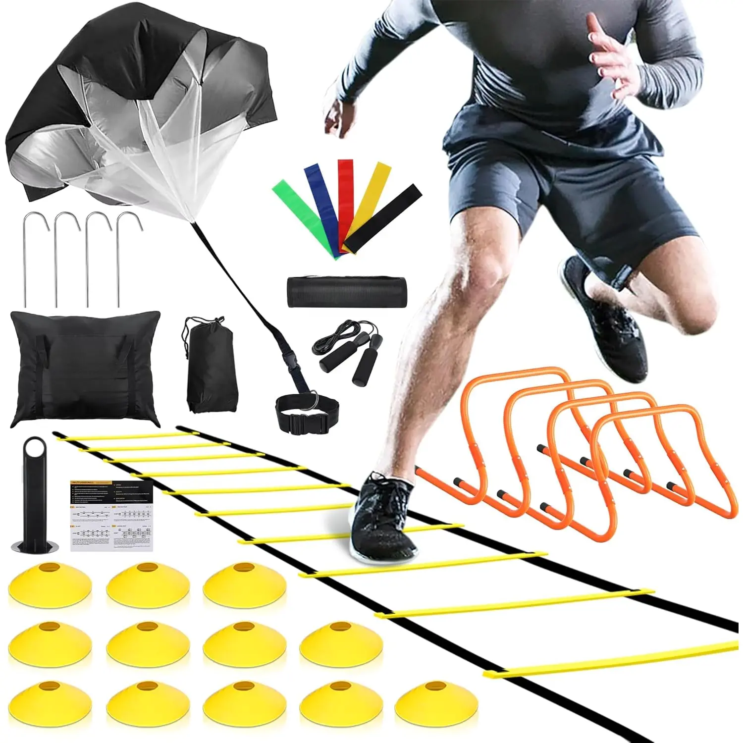 Agility Ladder,Football  Equipment Set,4 Agility Hurdles, 20 feet12 Rungs Speed Ladder,12 Disc Cones,Resistance Parachute, Jump Rope, 5 Resistance Bands