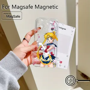 Transparent Magnetic Anti-Drop Soft Tpu Protective Phone Case Protector for iPhone 16 15 14 13 12 11 Pro Max Mini XR XS X 7 8 Plus, Sailor Moon Bunny Design, Cover