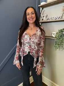 Red Floral Print Stitched Detail Tie V Neck Long Bell Sleeve Blouse