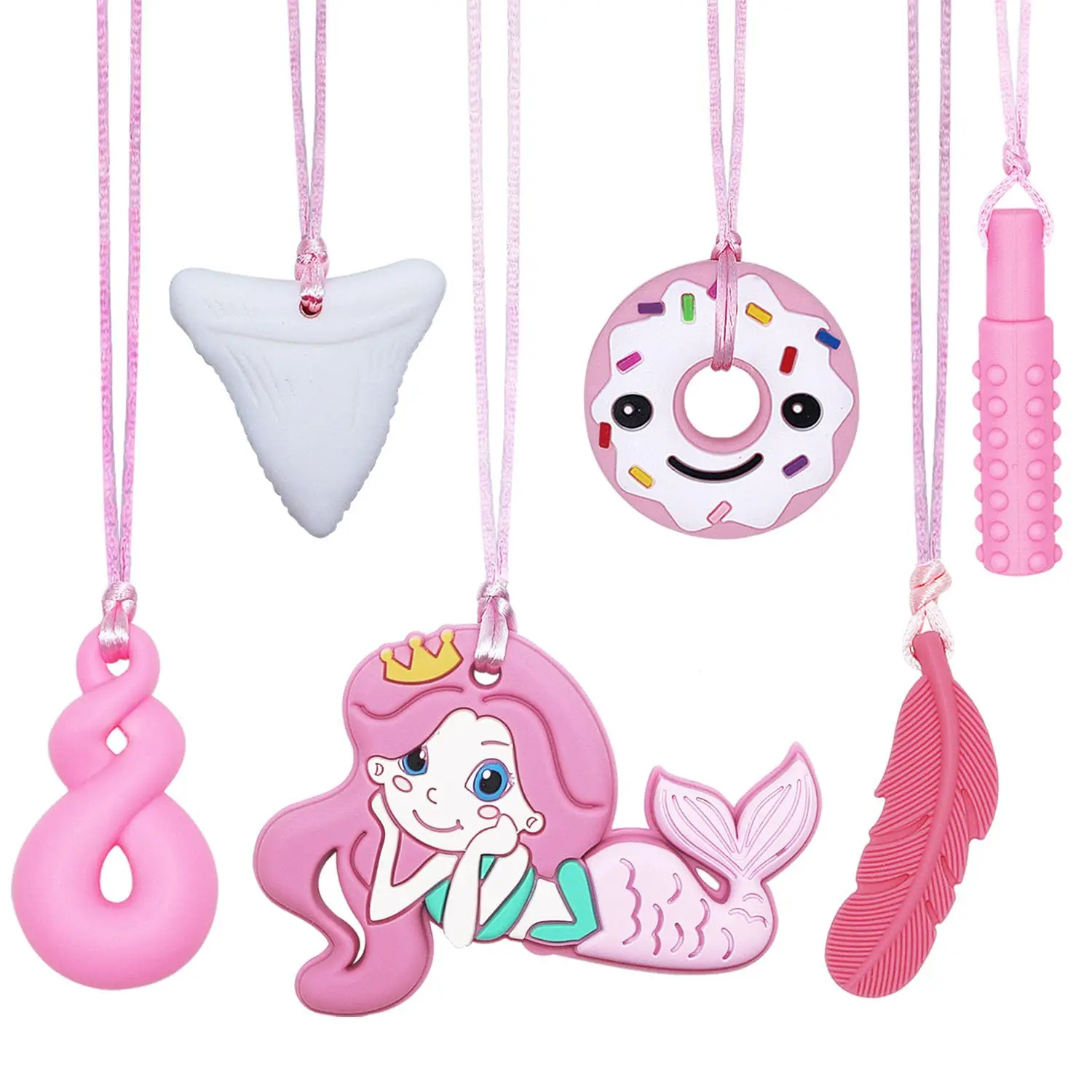 JNS52 Chew Necklaces for Sensory Adults and Kids , 6 Pack Silicone Sensory Chew Necklace for Autistic Children with ADHD/SPD/Autism/Anxiety, Pink Chewy Necklace for Teething Chewing Biting Fidgeti