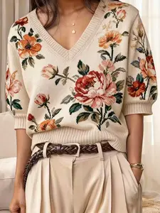 Women's Floral Rose Print V Neck Sweater, Breathable Elegant Fashion Retro Pattern, Soft Short Sleeve Top, Spring Fall Casual Wear