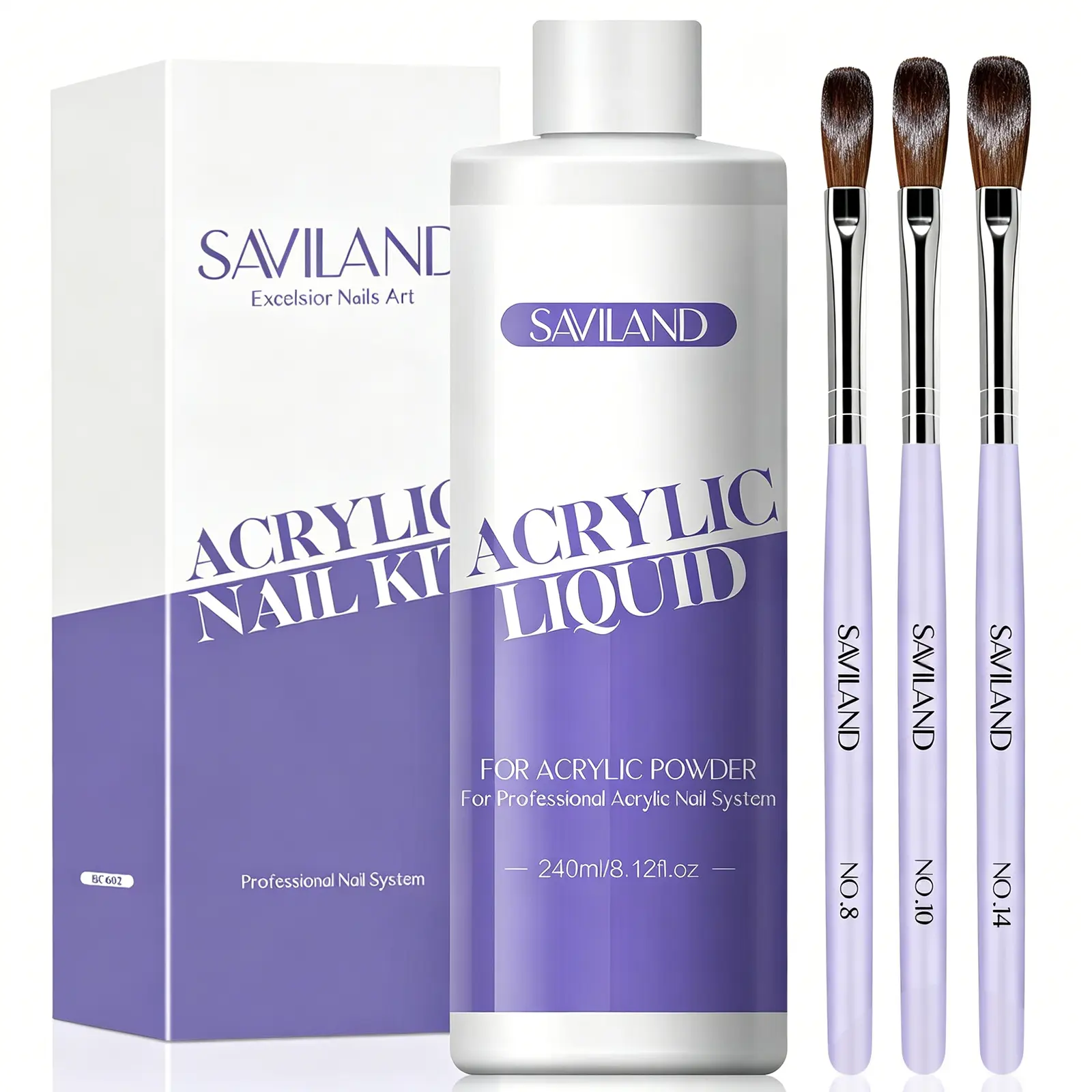 Saviland Monomer Acrylic Nail Liquid (8.11 fl. oz) with 3PCS Acrylic Brushes (Sizes 8/10/14) for Acrylic Powders Non-yellowing Formula