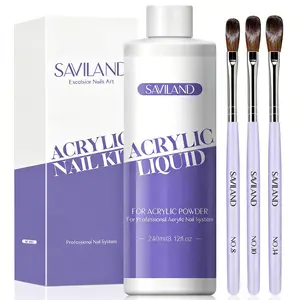 Saviland Monomer Acrylic Nail Liquid (8.11 fl. oz) with 3PCS Acrylic Brushes (Sizes 8/10/14) for Acrylic Powders Non-yellowing Formula