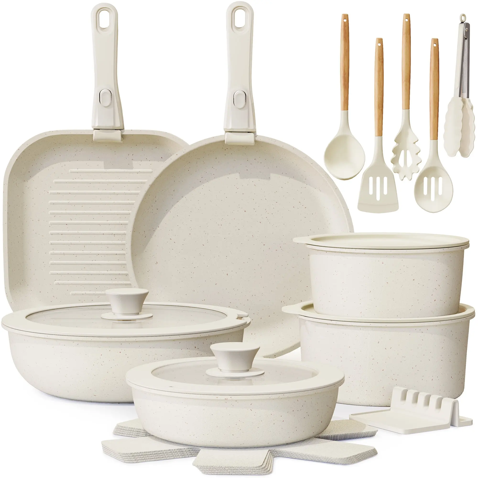 Astercook 22 Piece Pots and Pans Set Non Stick, Cookware Set with Detachable Handles, Oven Safe, Induction Ready, Stackable RV Kitchen Cooking Set, Cream White