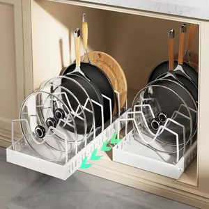 Adjustable Drawer Pot Pan Storage Box with Dividers, Kitchen Organizer Cabinet Solution for Pots and Frying Pans, Space-Saving Design, Adjustable Metal Racks