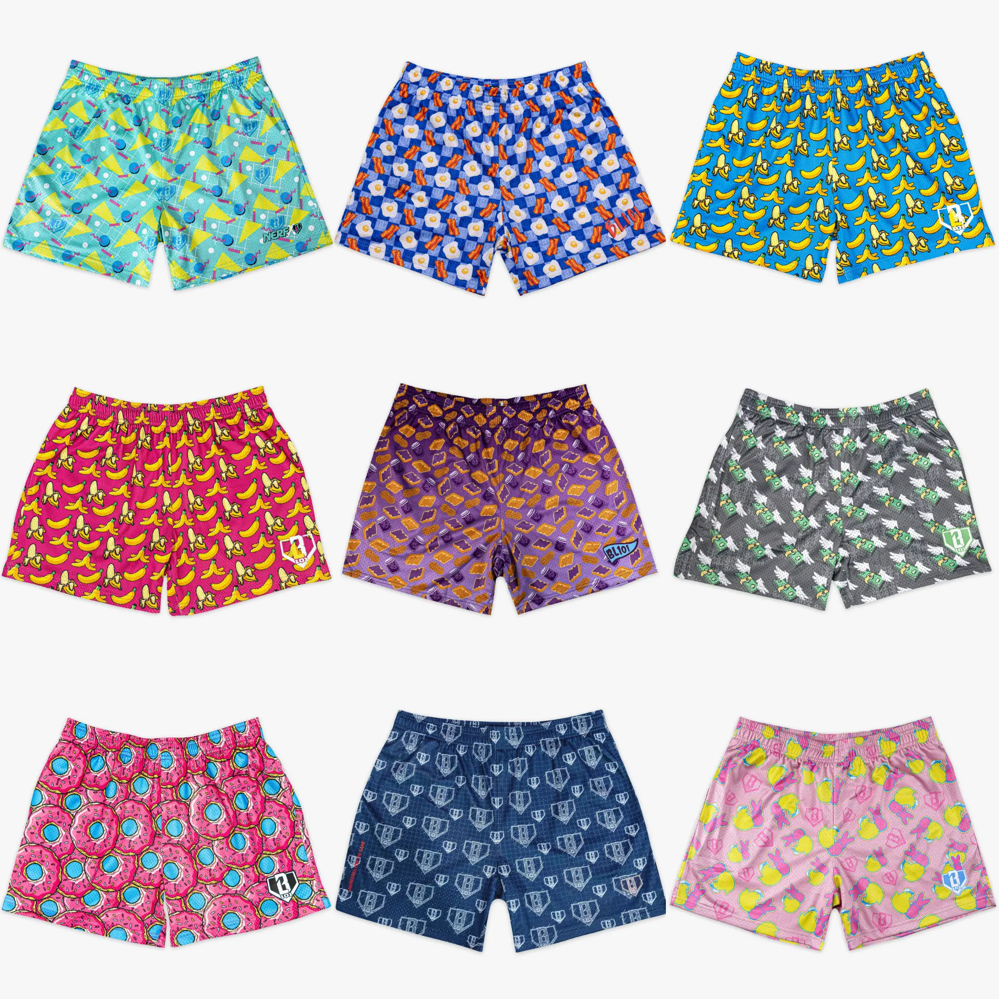 [ Baseball 101 Mesh Short ] Premium Men's Graphic Mesh Shorts – Luxury Streetwear & Athletic Gym Shorts: Breakfast Bacon & Eggs, Cartoon Bananas, Flying Cash, Clouds & Roses, Tropical Floral Pack