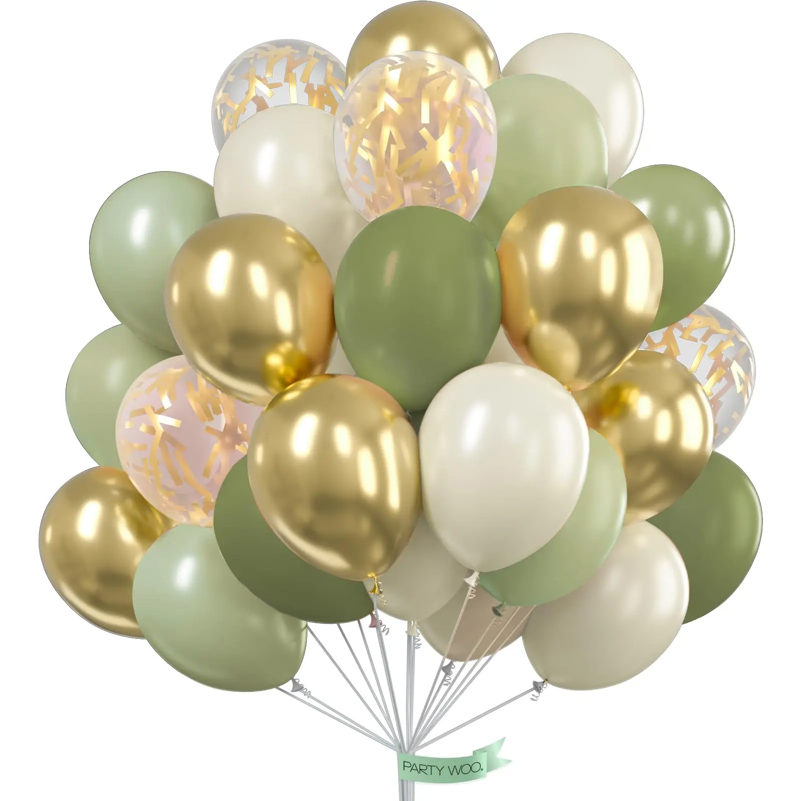 PartyWoo 12-Inch Round Sage Green Latex Decorative Balloons (100pcs) - Retro Set, Floatable with Helium, Hand-Use Kit w/ Metallic Gold, Sand White, Gold Confetti, for Wedding, Anniversary, Balloon Arch Decoration Supplies