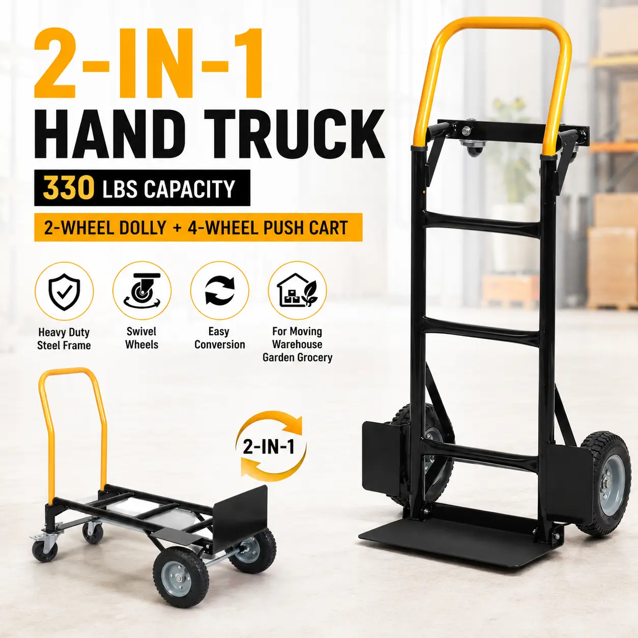 2-in-1 Folding Heavy Duty Convertible Hand Truck Dolly, 330 Lbs Capacity Durable Metal Frame 4-Wheeled Cart with 360-Degree Swivel Wheels, Easy Glide Heavy Duty Rolling Cart for Warehouse Delivery, Moving Boxes, 360 Degree Swivel Carts, Durable Metal Fram