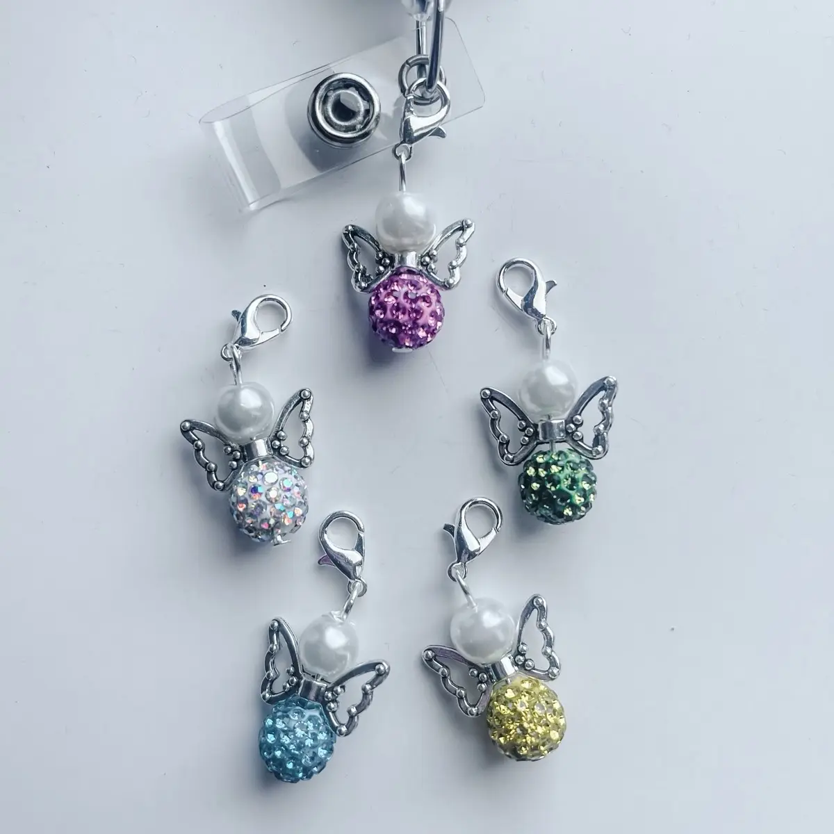 Badge Reel Charm Faux Pearl Angel Guardian Angel Charm Lanyard Charm Nurse Teacher Badge Charm Nurse ID Holder Charm Purse Charm Backpack Keys