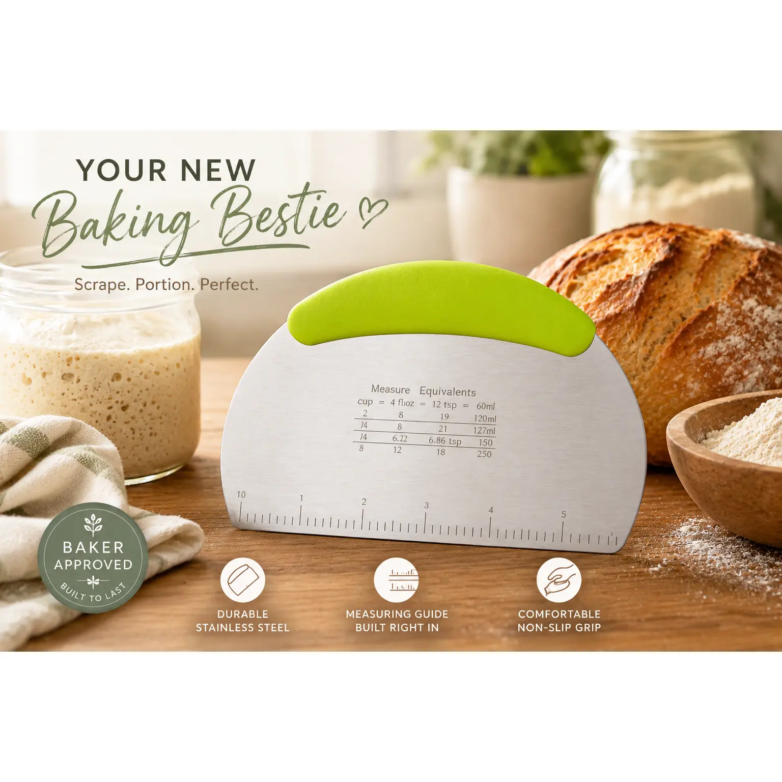 Stainless Steel Dough Scraper | Bench Scraper for Baking - Green