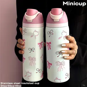 Bow Pattern Insulated Water Bottle, 1 Count 24oz-32oz-40oz Portable Stainless Steel Thermos with Straw, Vacuum Insulated Hydration Tumbler, Drinking Cup for Home Office, Leakproof Insulated Tumbler, Tumbler Reusable Cup, Insulated Travel Drinkware