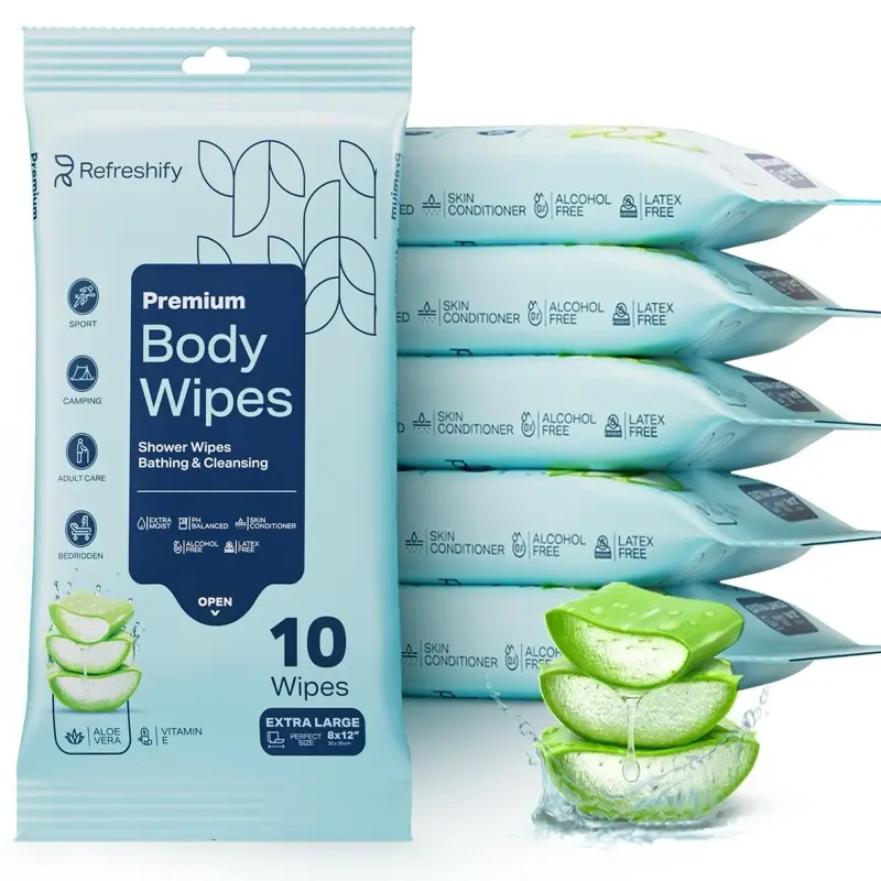 Refreshify Premium Body Wipes - 10 Extra Large Alcohol Free & Latex Free Shower Wipes for Bathing & Cleansing with Aloe Vera - 2 Packs per order.
