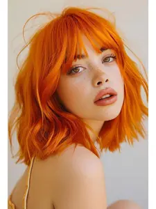 Orange Wig with Bangs, 14 Inch Orange Bob Wig with Bangs for Women, Shoulder Length Ginger Short Wigs, Synthetic Ginger Hair Wigs for Daily Party Cosplay Costume Halloween, Synthetic Soft Hair