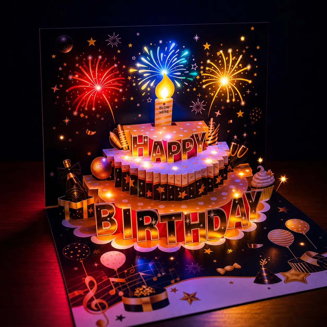 Firework Light Show 3D Birthday Card - Color Changing LEDs & Musical Pop-Up - Best Birthday Party Surprise for Teens/Bestie,back to school haul,college school supplies,back to school shopping