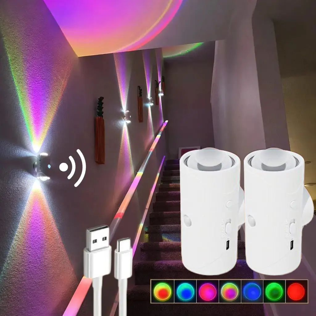 USB Rechargeable Motion Sensor LED Night Light - Smart Dimmable RGB Magnetic Stick-On Wall Lamp, Color Changing Customizable LED Ambient Cordless Lamp for Bedroom, Hallway, Holiday Decor, Color Changing Lights, Customizable Led Light