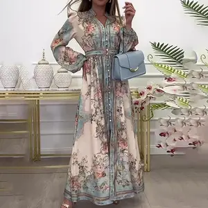 2025 Women's Lantern Sleeve Printed Turn-down Collar Waist-cinching Long Sleeve Flared Spring Dress