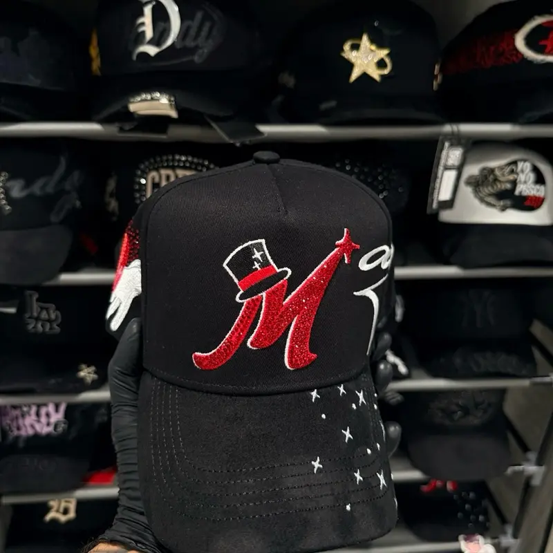 Unisex El Mago Red and Black Cap, Featuring Red Glitter Logo and White Stars