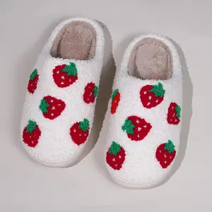 Strawberry Themed Couple Slippers - Plush Cotton Indoor Shoes with Thick Memory Foam Sole, Non-Slip Grips, Machine Washable Comfort for Women & Men, Gift Matching Pair