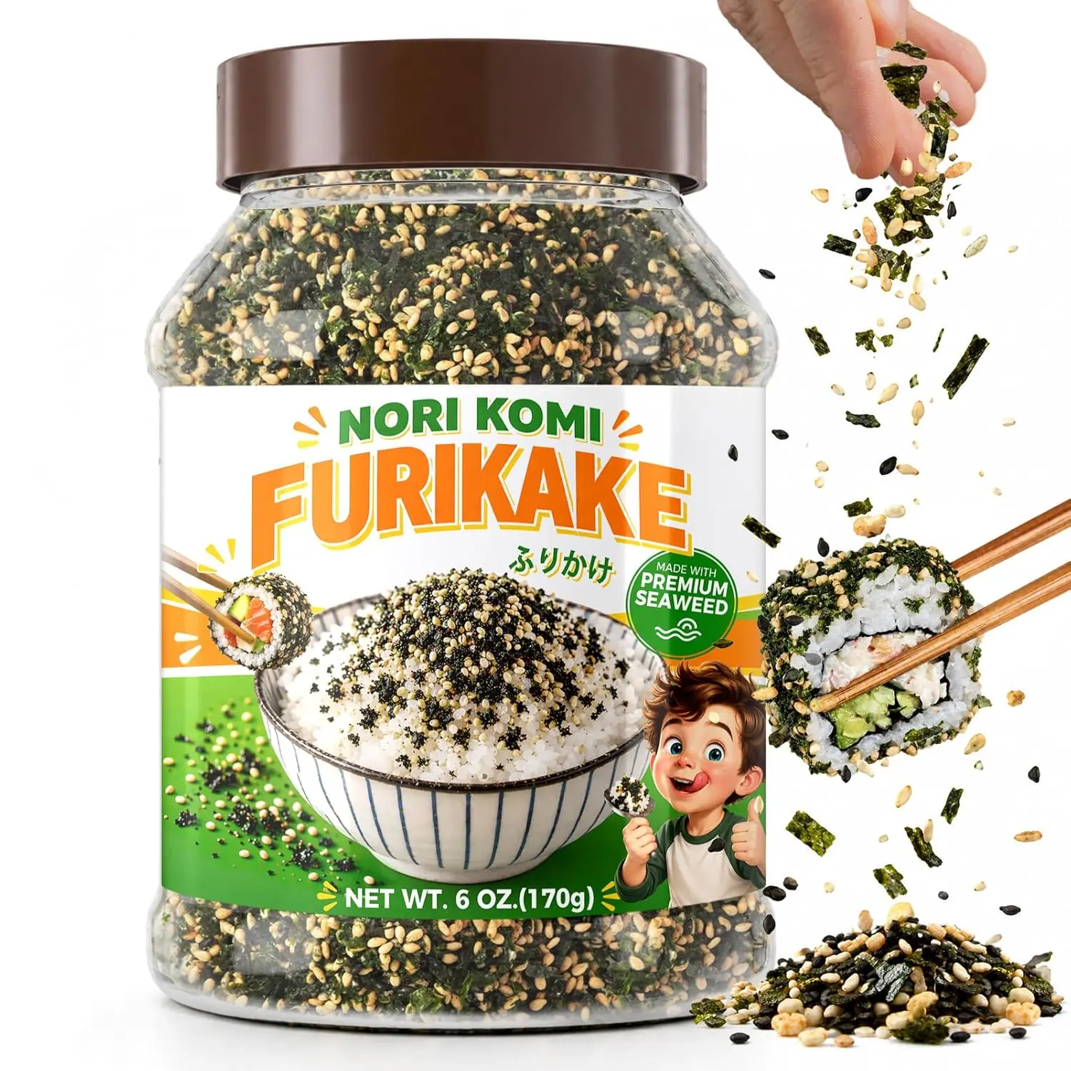 6 OZ Premium Nori Komi Furikake Seasoning - Japanese Sweet & Savory Umami Rice Topping, Contains Nori, Sesame Seeds, Sesame, and DHA, No Artificial Ingredients, Packed in a Resealable Jar (for Rice, Salad)