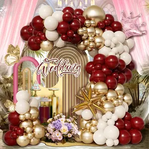 105pcs Burgundy Wedding Themed Balloon Arch Kit, Sand White Burgundy and Gold Balloons with Crown Foil Balloons Suitable for Wedding Birthday Party Decoration