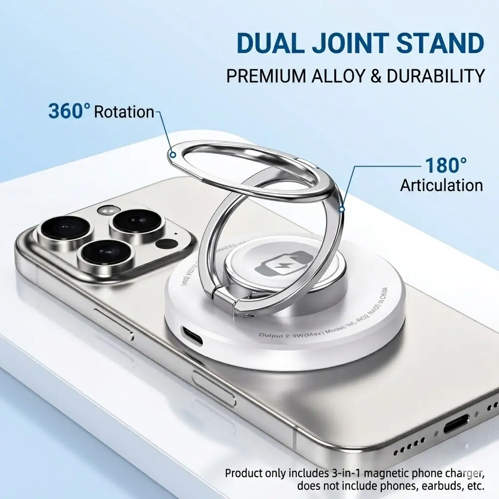 Magnetic Wireless Charger, with Rotatable Metal Ring Holder, for smartphone and smart watch charging at home, office and travel