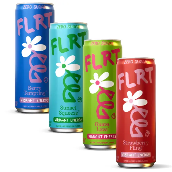FLRT Energy Variety Pack (4-pack) 12oz, Sunset Squeeze, Strawberry Fling, Guava Lava, Berry Sugar-Free, Clean Energy Drink
