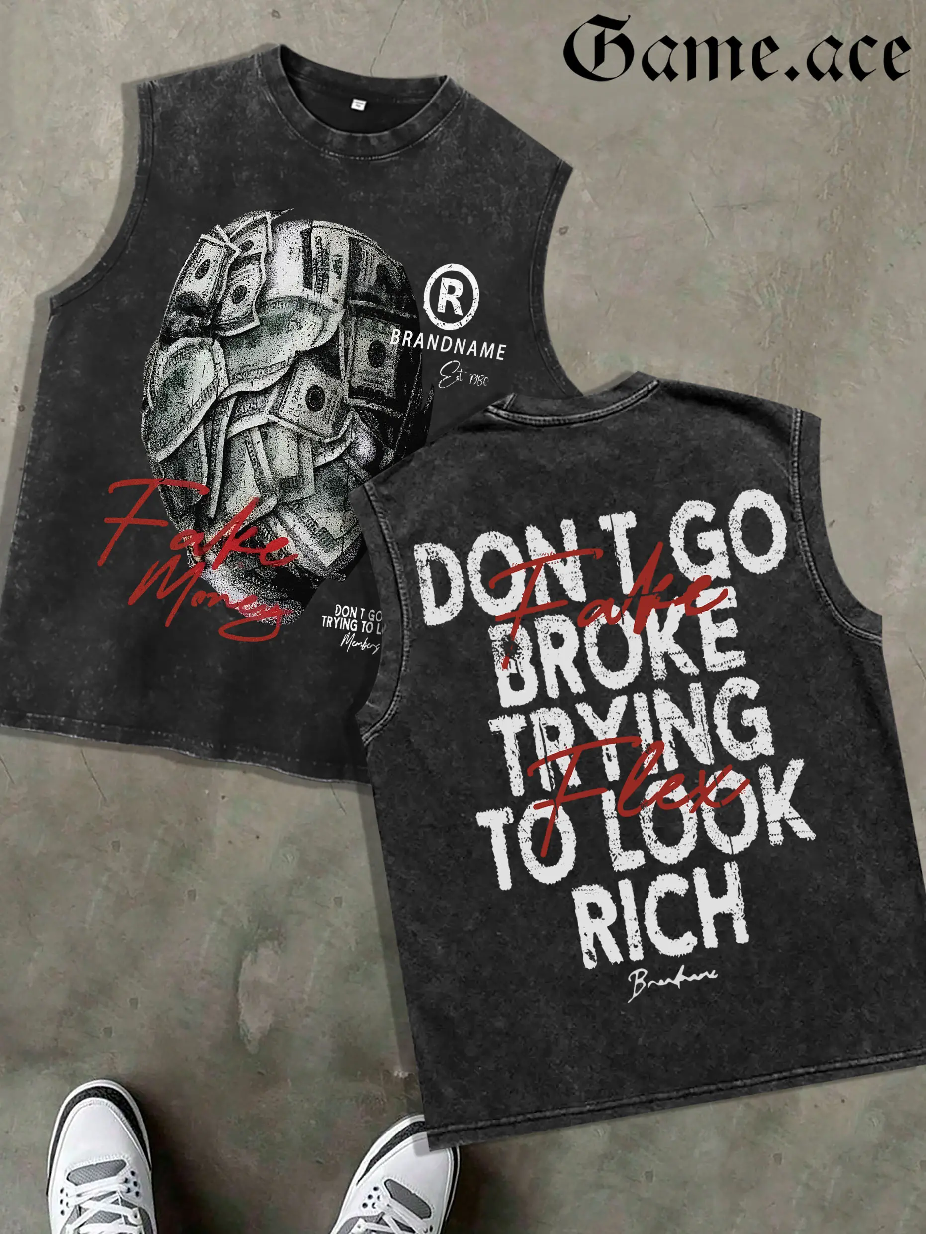 1 PCS Retro Washed Black Sleeveless Tank Top, Front Money Skull Print + Back "Don't Go Broke Trying To Look Rich" Graphic, Hip-Hop Streetwear Style, 100% Cotton Unisex Oversized Vest, Casual Hangouts, Great Gift for Streetwear Fans