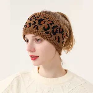 Women's Leopard Print Knitted Elastic Headband - Warm Velvet Hair Accessory for Autumn Winter Fashion, Sports Use, Elastic Headbands