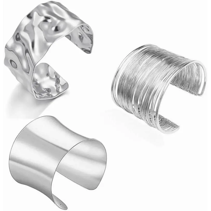 3pcs Silver Cuff Bracelets Set for Women, Modern Minimalist Chunky Costume Jewelry, Wide Open Irregular Statement Bangles, Casual, Female, Synthetic, 2Pcs Chunky Bracelets-1, Casual Wear, Irregular Shape, Set Pack