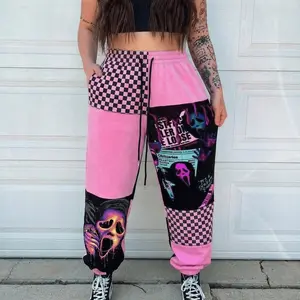 Pink Ghostface Horror Sweatpants – Neon Scream Movie Graphic Sweatpants with Checkerboard Patchwork, Spooky Halloween Streetwear