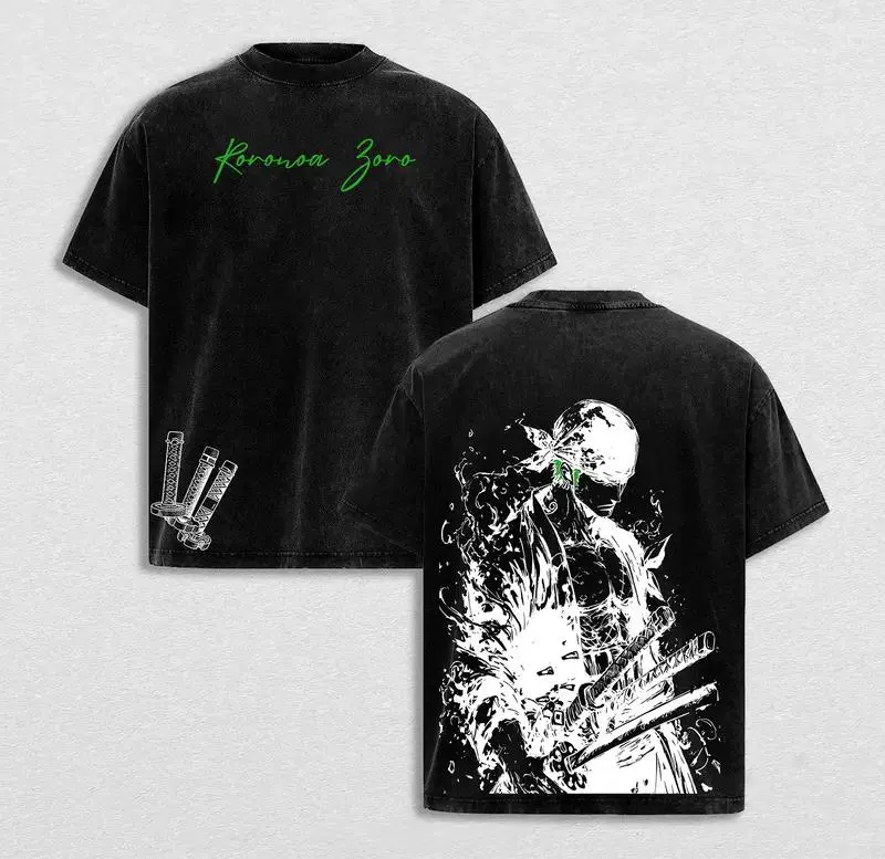 Vintage  Three Swords Zoro Anime Vintage Washed Oversized T-Shirt Heavyweight Premium Cotton Graphic Tee Streetwear Distressed Dropshoulder Shirt Merch Gift