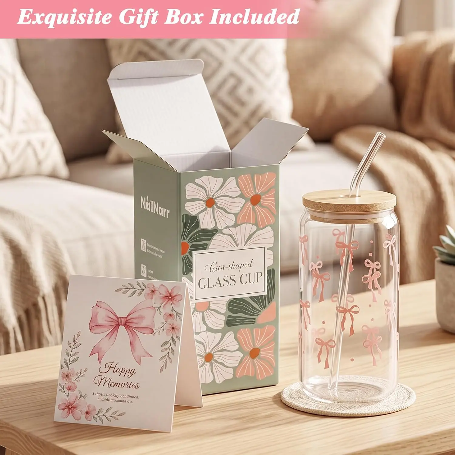 16 oz Pink Bow Glass Tumbler with Bamboo Lid, Reusable Straws & Cleaning Brush, Cute Drinking Cup Gift Set for Iced Coffee, Tea & Juice