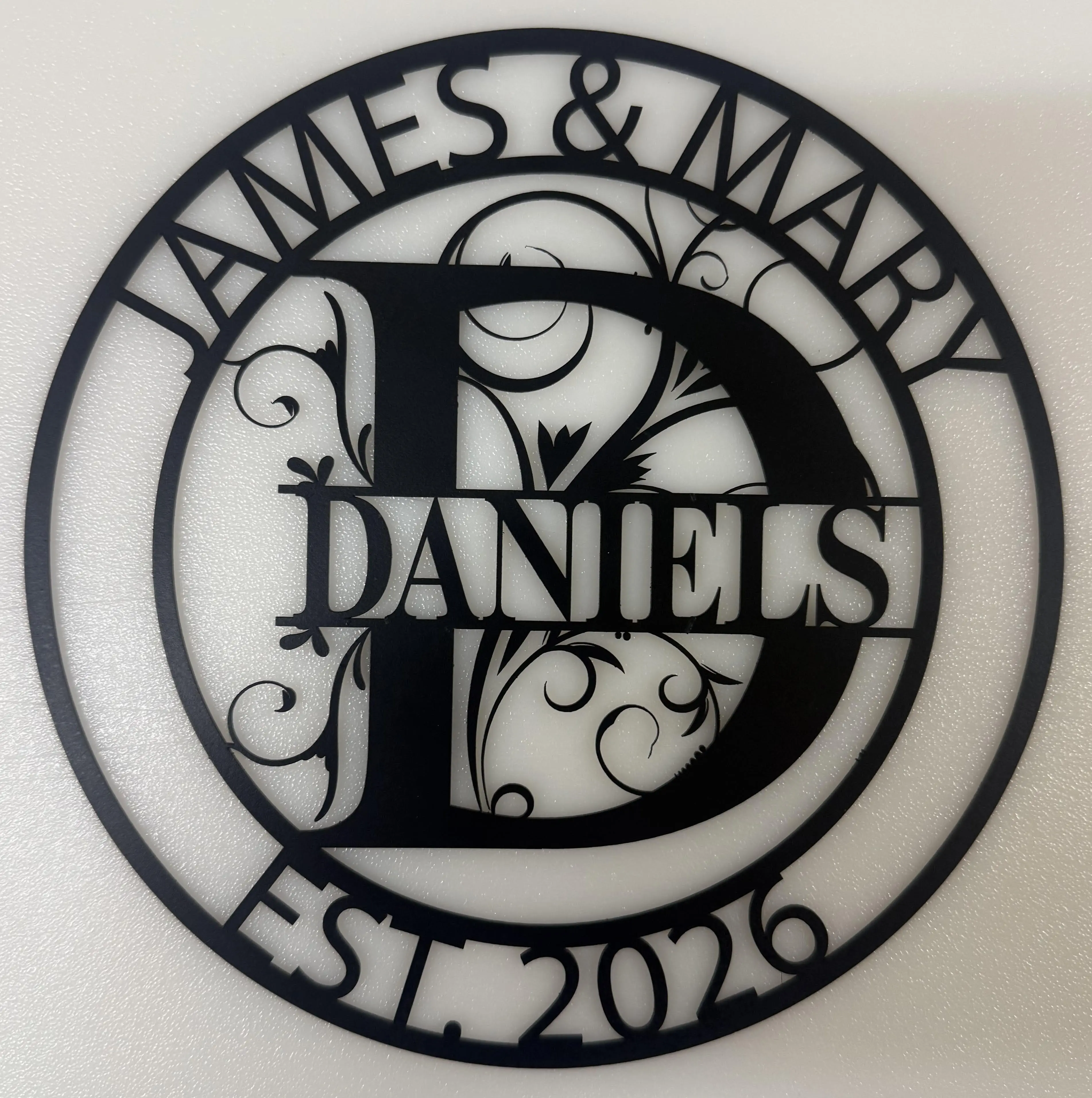 Personalized Metal Family Name Sign Custom Monogram Wall Decor with Elegant Scrollwork Design for Indoor Outdoor Use