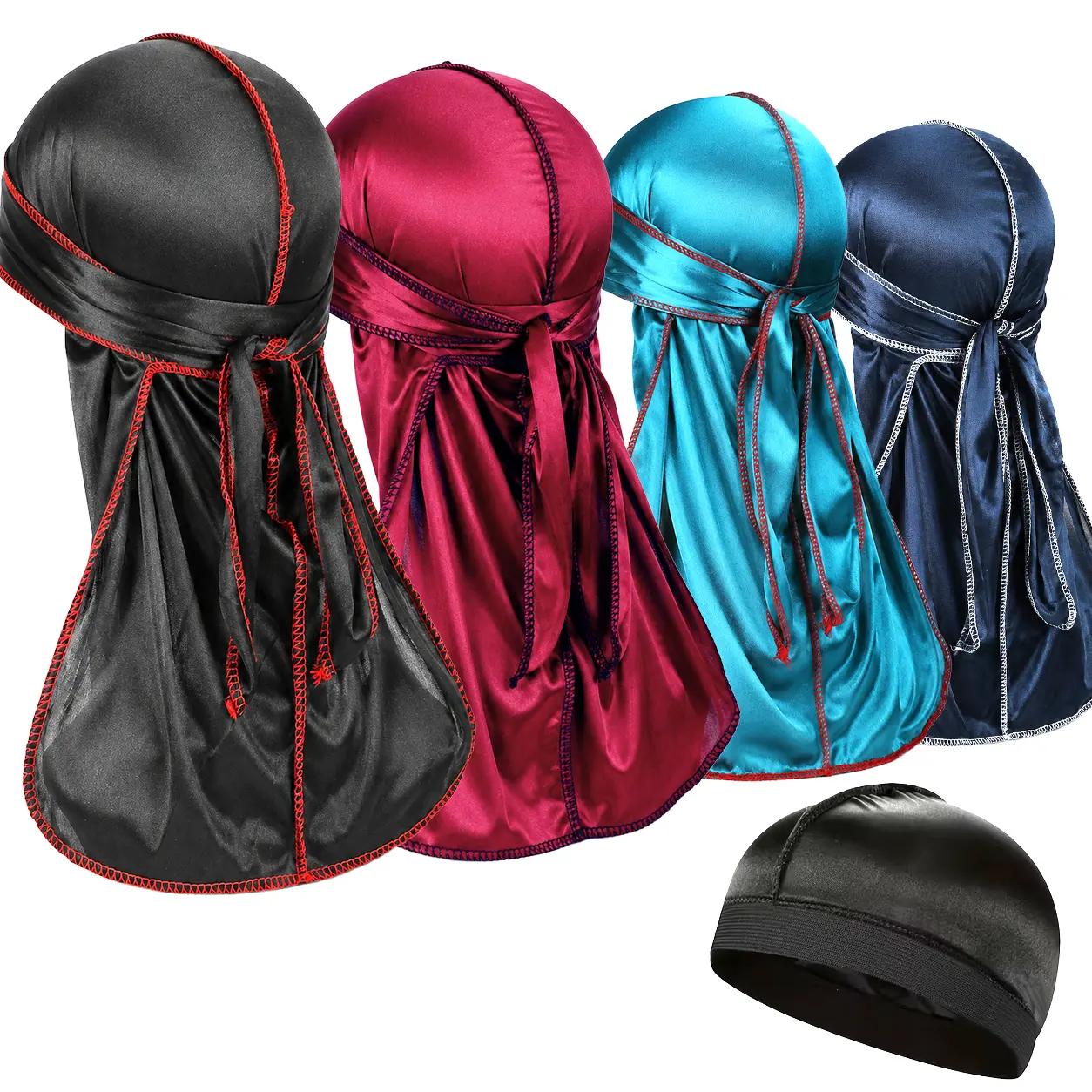 4PCS Silky Satin Durags for Men with 1 Wave Cap, Extra Long Tails, Wider Compression Strap, Moisture-Locking, Daily Hair Care for 360 Waves, Hand Wash & Flat Dry Hair Styling Accessory
