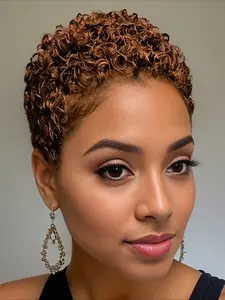 Curly Wave Pixie Cut Human Hair Wig for Women Full Machine Made Wig Daily Party Use Wig 150% Density 6 Inch