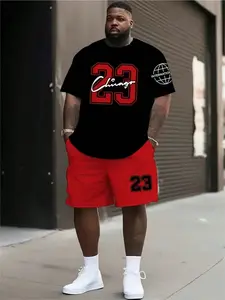 Men's Plus Size Short Sleeve Shorts Set, Fashion Two-Piece Sports, Digital Print Round Neck T-Shirt & Drawstring Shorts, Breathable, Casual & Sporty