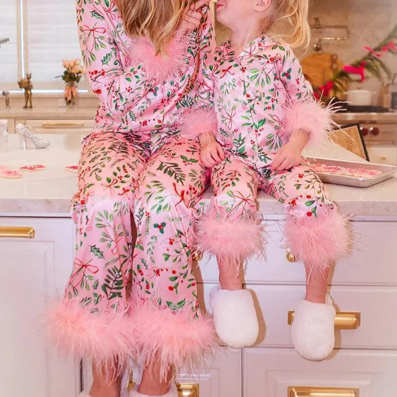 2026 Joviecrown Silky Mommy and Me Christmas Pajamas Set Feather Trim Long Sleeve Button Down Matching Xmas Sleepwear for Mother Daughter