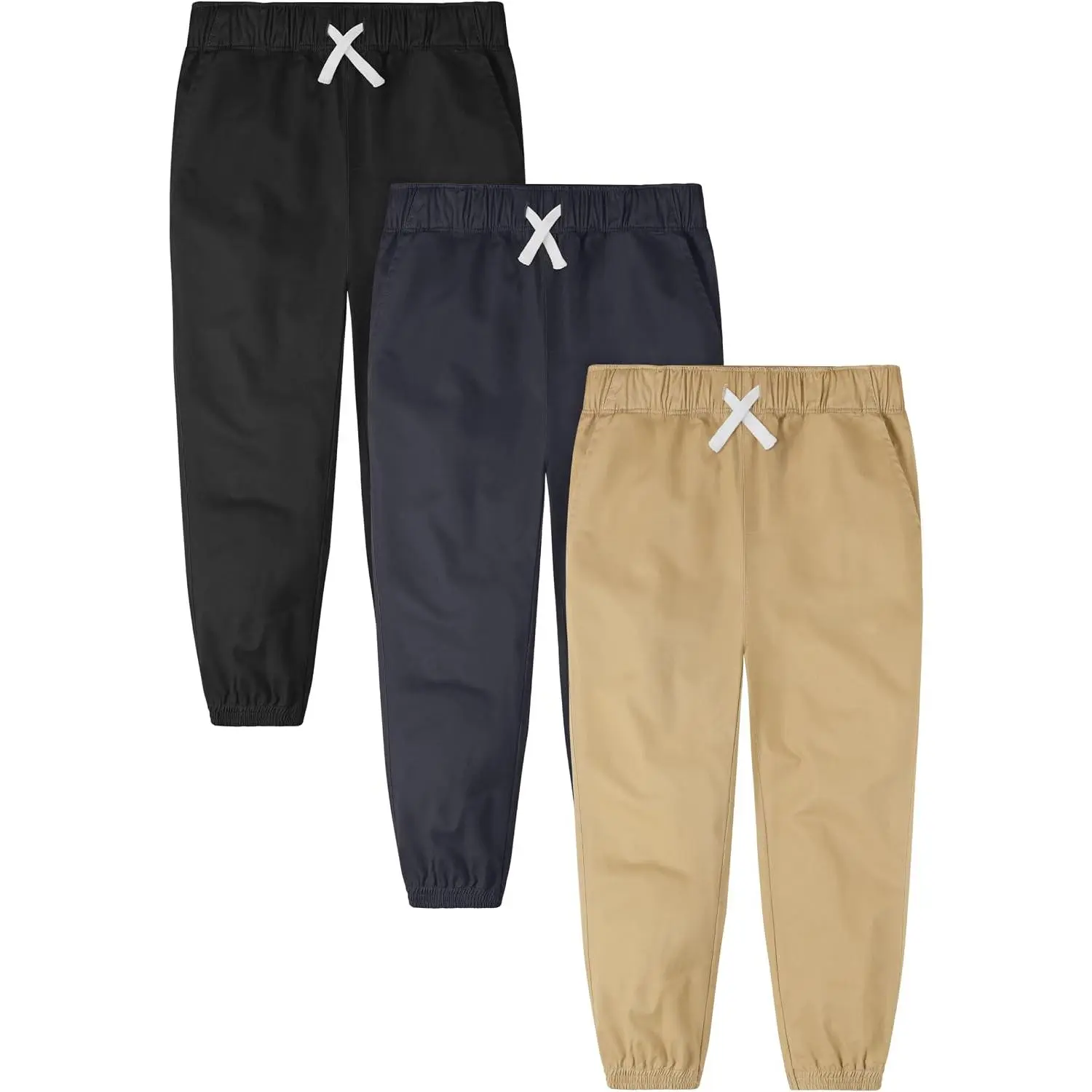 Resinta 3 Packs Boys' Pull On Jogger Pants Kids School Uniform Pants Cotton Stretch Chino Fabric with Elastic Waist