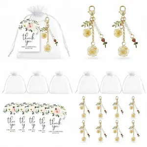 36pcs/12set Rose Keychain Wedding Bridal Shower Party Favor Gift Set, Organza Bag, Thank You Card, Heart Clasp, Handmade Floral Key Ring