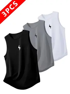 Men's Quick-Dry Sweat-Wicking Sleeveless Sports Vest T-Shirt Set, Lightning Symbol Pattern, Breathable Sports Top, Sleeveless Gym Tops, Casual Loose Fit, All Seasons, Athletic Activewear