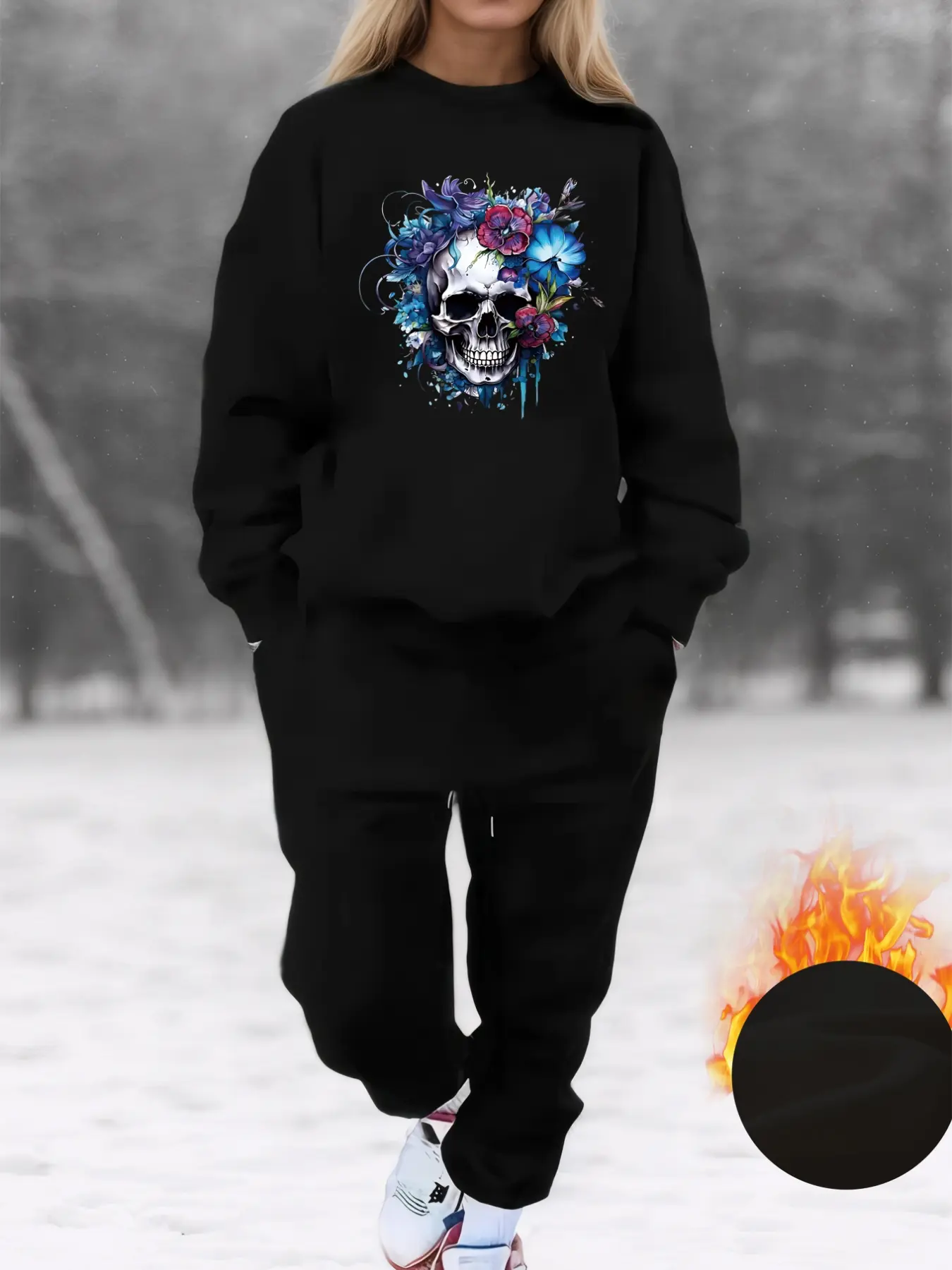 Women's Plus Size Fall Winter Fleece Sweatshirt Set, Colorful Skull Flower Print, Casual Streetwear Long Sleeve Round Neck Top & Drawstring Pants