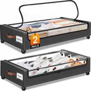 SpaceHacks Under Bed Storage with Wheels 2Pack Dark Grey 600D Oxford Cloth & Metal Frame Clear Window Label 30.71 x 16.93 x 6.69 in for Clothes Shoes Blankets