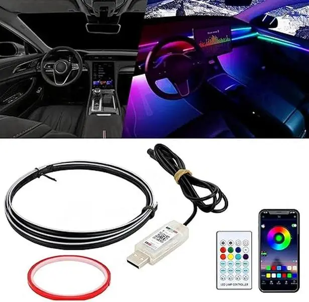 LED Interior Car Lights, USB Powered RGB Car Ambient Lighting with App Control, Music Sync, DIY Mode and Multi-Color Decor For Cars Trucks, Gifts for Men& Wome Led Car Lights Interior Underglow Strip Lights