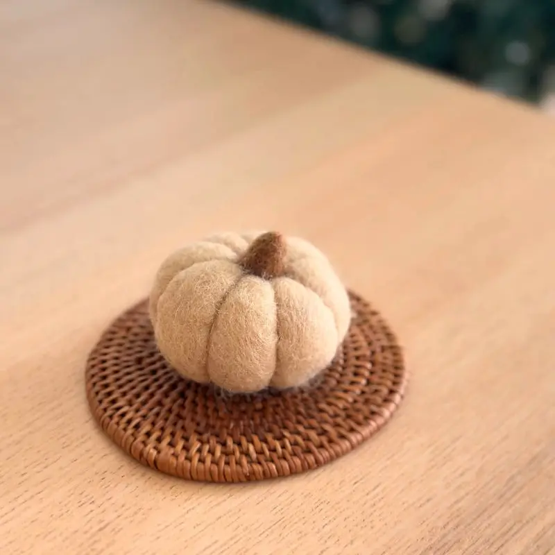 Hand-Felted Whimsical Mini Pumpkin - 2x2x1.5", Beige Stitchwork Harvest Home Decor Accent, Mantel Table Ornament for Gifting