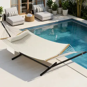 Outdoor Rope Hammock with Stand, Portable Anti-Tipping Hammock in Multiple Color Options, Hand-Woven Durable Ropes for Backyard, Beach & Poolside, Navy Blue, Blue Stripes, Red Stripes, Green Stripes, Gray Floral, Off-White