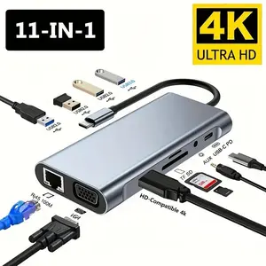 11 Ports USB-C Docking Station, 4K HD VGA Video Output, PD Charging, USB3.0, Gigabit Ethernet, SD TF Card Reader, Fit for Laptop & Type-C Devices