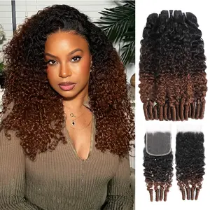 ALHER T1B/2/30 Ombre Burmese Curly Bundles with 4x4/5x5 Closure Human Hair, 15A Chestnut Brown 3c4a Deep Water Wave 3 Bundles with Spanish Spiral Curly Ends with 13x4 HD Lace Frontal Ear to Ear Sew In Weaves