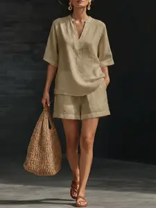 2026 Casual Lapel Short Shirt Two Piece Set, Stylish and Comfortable Clothing, Perfect for Daily Wear and Special Occasions