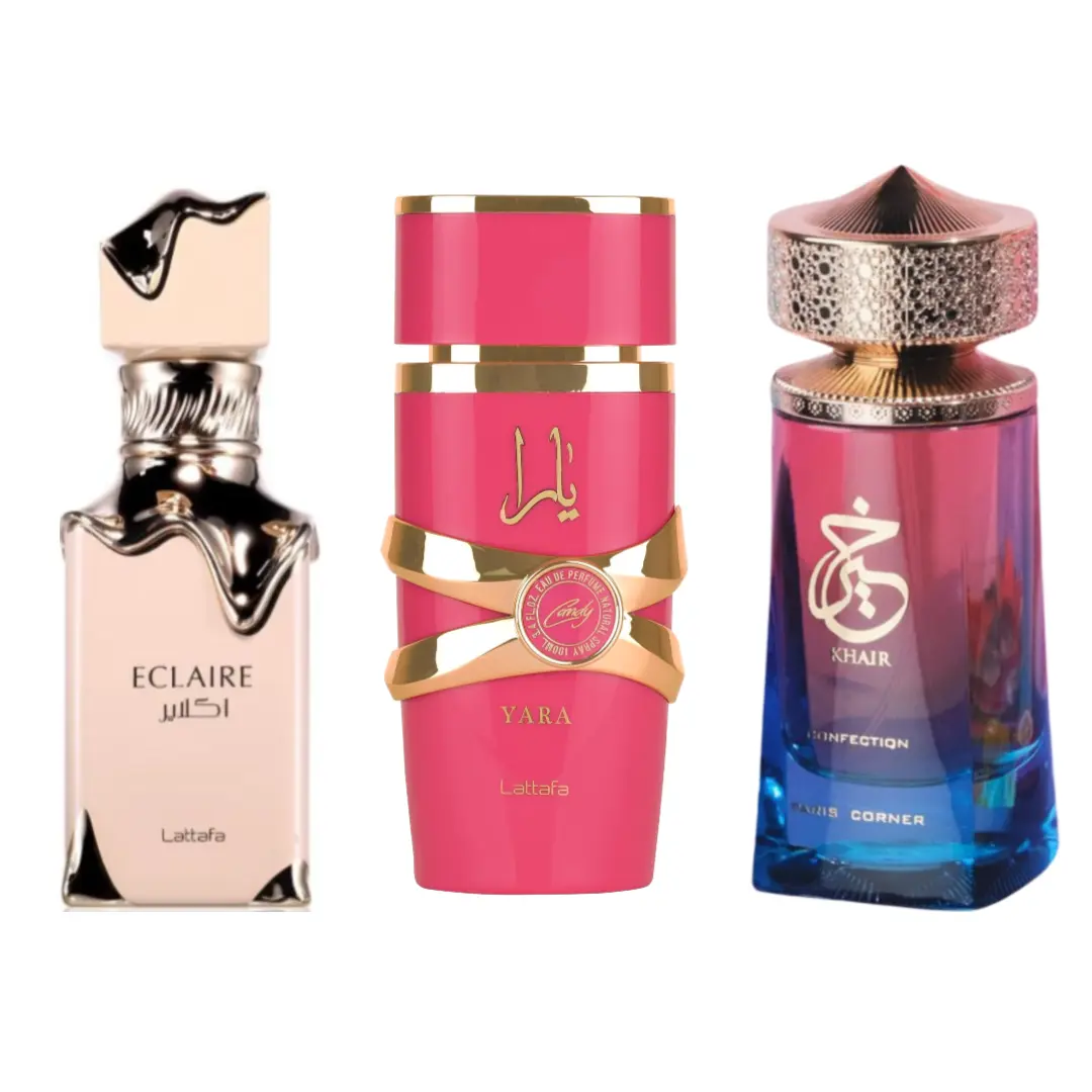 Lattafa Women's EDP Perfume Set - Luxury-Inspired Fragrance Beauty Set with YARA CANDY, KHAIR CONFECTION, ECLAIR Scents (Great Blueberry Scent), 3.4oz (100ML) Spray Fragrance